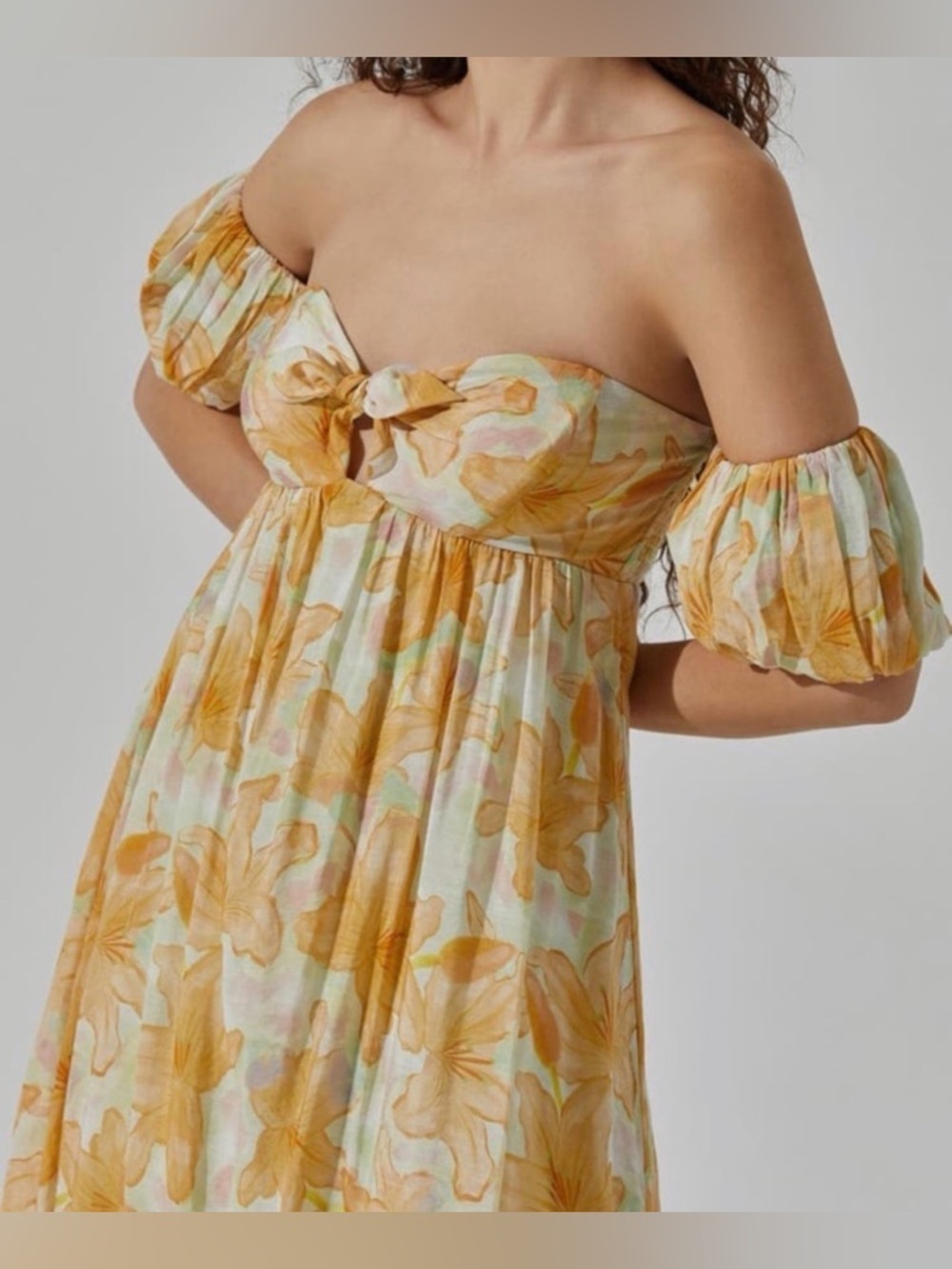 ASTR The Label Floral Off Shoulder Midi Dress Orange Yellow Size M Romantic🌼 - Picture 3 of 13